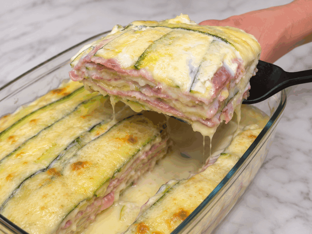 La parmigiana di zucchine bianca con prosciutto e scamorza che viene cremosa, filante e senza friggere nulla: perfetta per me che sono a dieta!