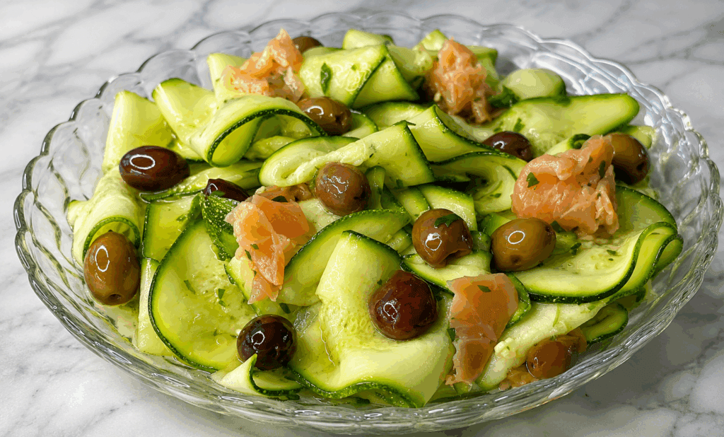 Insalata di zucchine marinate con salmone e olive, la ricetta fresca perfetta per perdere qualche chilo con solo 210 Kcal