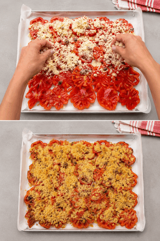 Crumble di pomodori al forno, non ci vuole niente a farli: li affetti, li metti in fila in teglia e vengono belli gratinati, saporiti e buoni
