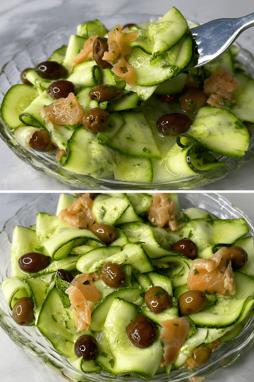 Insalata di zucchine marinate con salmone e olive