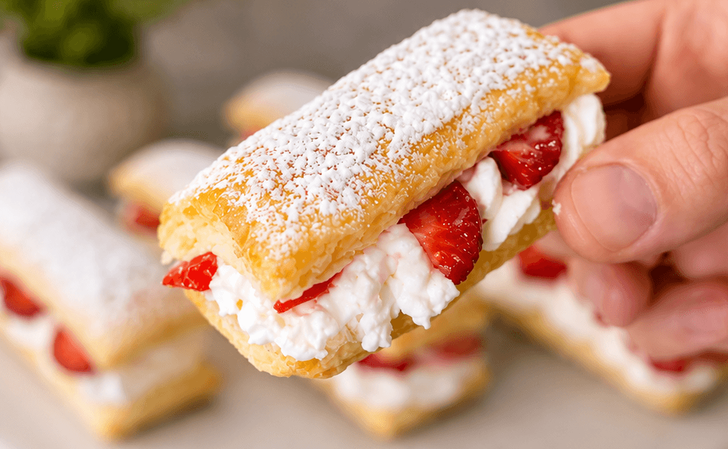 Dolcetti di pasta sfoglia fragole e crema