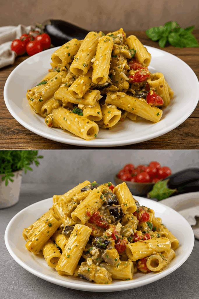 Con melanzane al forno, pomodorini e basilico preparo una pasta cremosa e saporita senza panna e senza friggere nulla