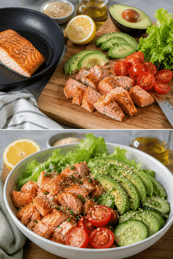 Oggi a pranzo bowl keto con salmone e avocado, tante proteine e grassi buoni: ti sazi con poco e mangi bene!
