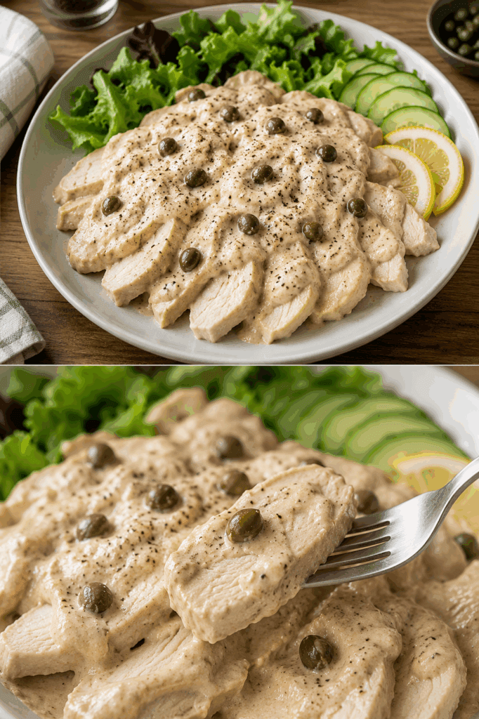 Questo pollo tonnato keto è fresco, low carb e cremoso: il trucco è frullare tonno, maionese, capperi e limone e viene una crema saporita senza bisogno di panna