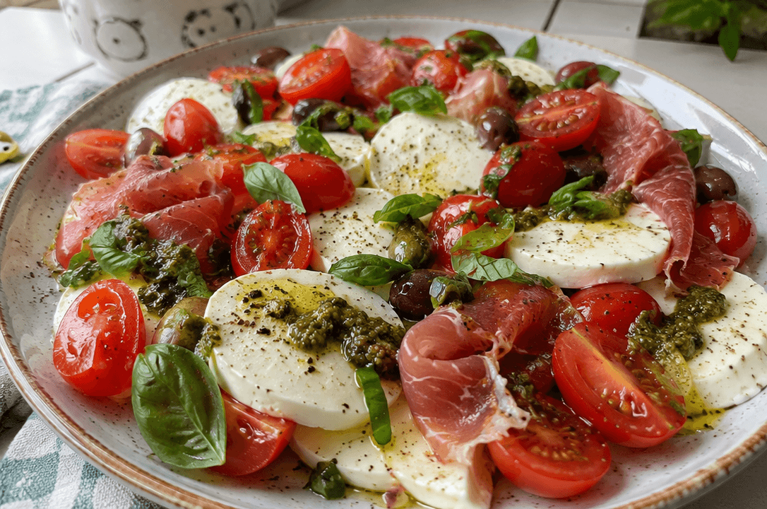 Caprese con mozzarella, prosciutto crudo, pesto e olive