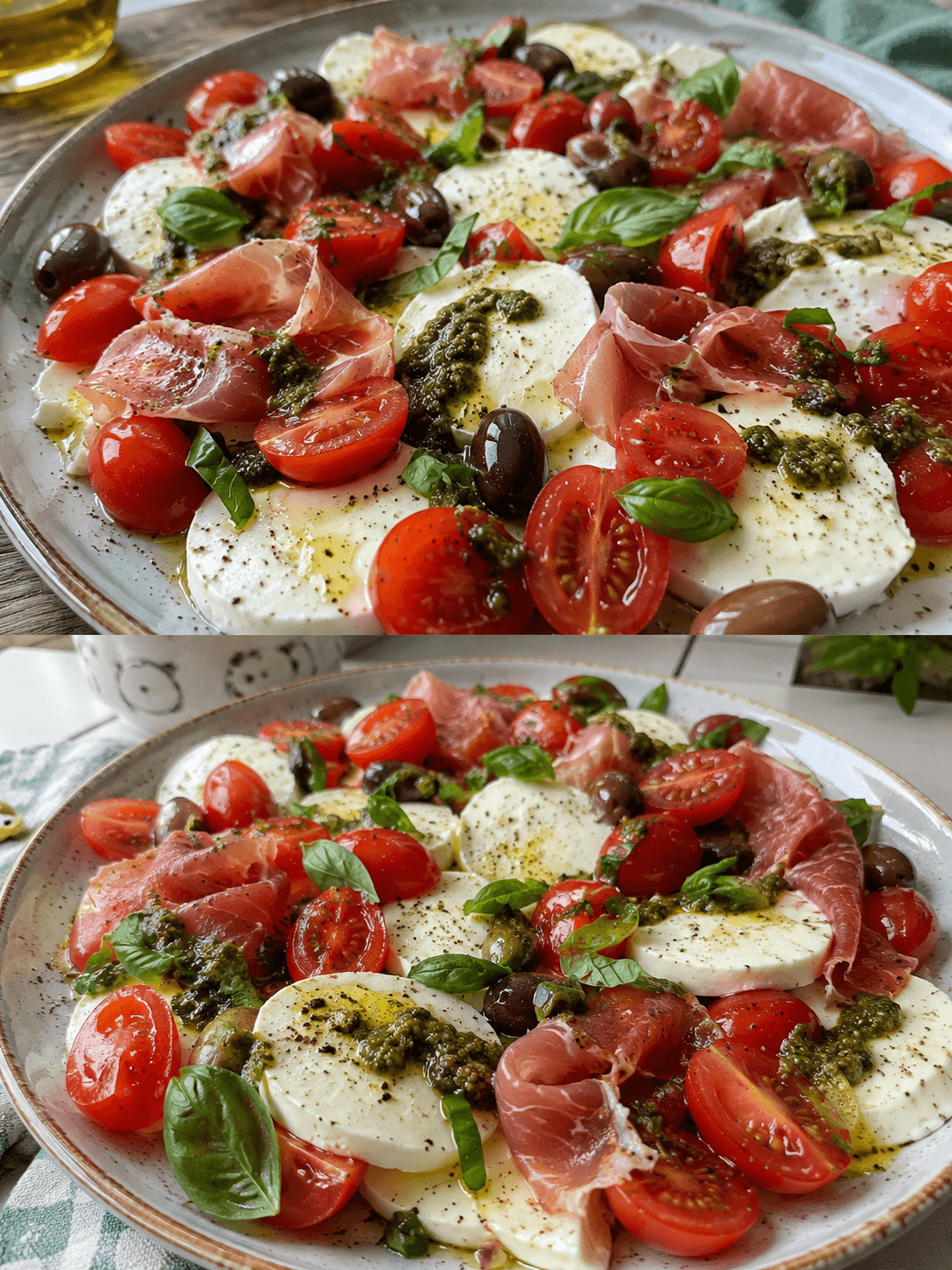 Caprese con mozzarella, prosciutto crudo, pesto e olive