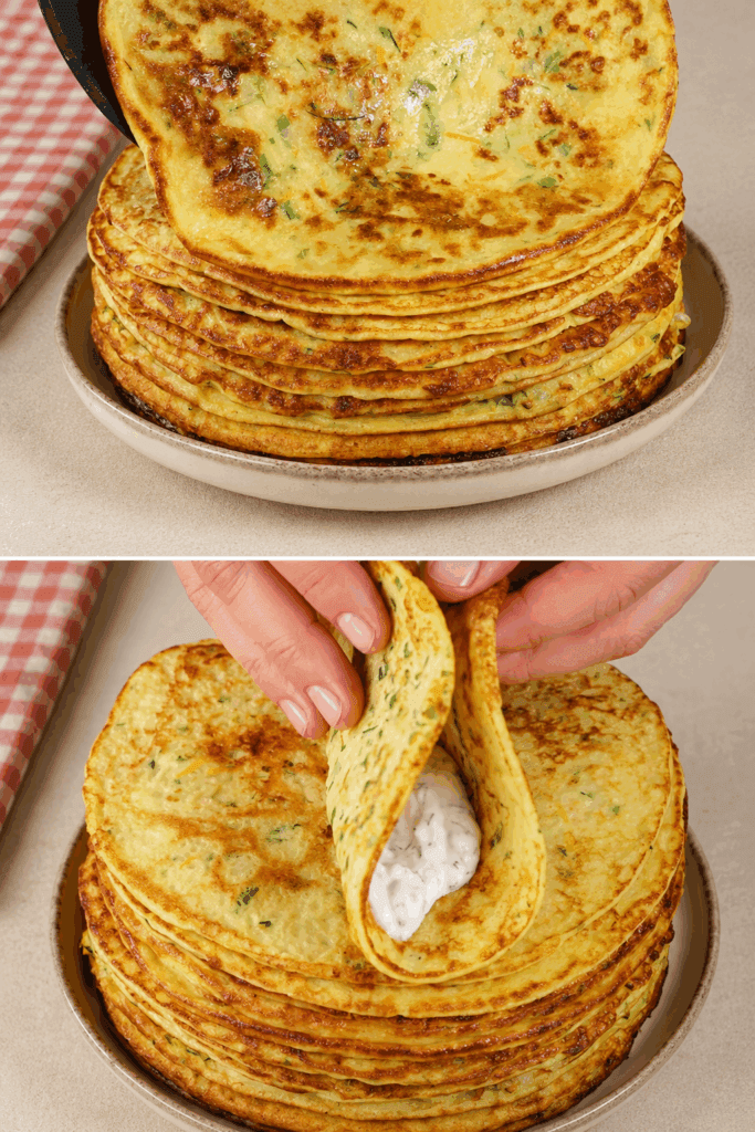 Ieri sera a cena mi sono fatta questi pancake salati giganti di verdure: ci puoi mettere quello che vuoi dentro, ripiegarli e mangiarli come una piadina!