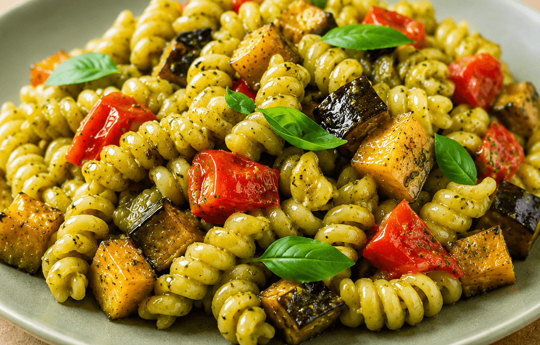 Pasta con melanzane, pomodori e pesto