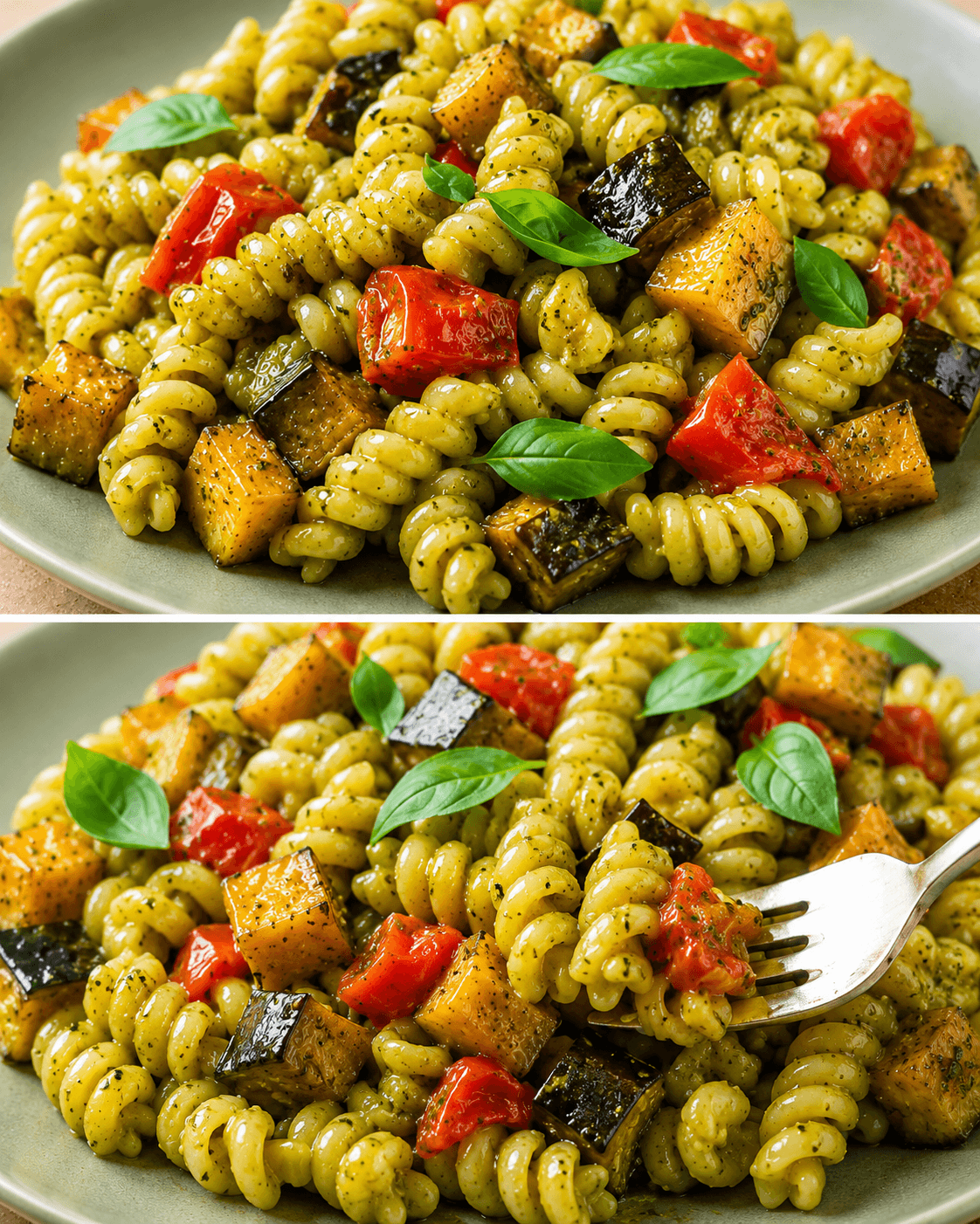 Pasta con melanzane, pomodori e pesto