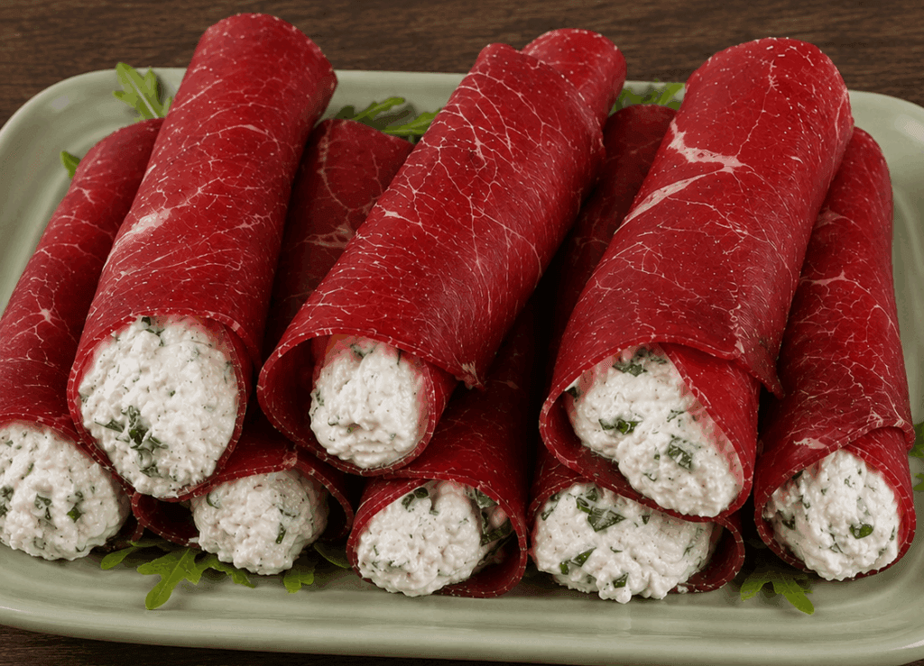 Bresaola sottile, crema morbida dentro, rucola e scaglie di Parmigiano: questi involtini sono irresistibili e freschi soprattutto in estate!