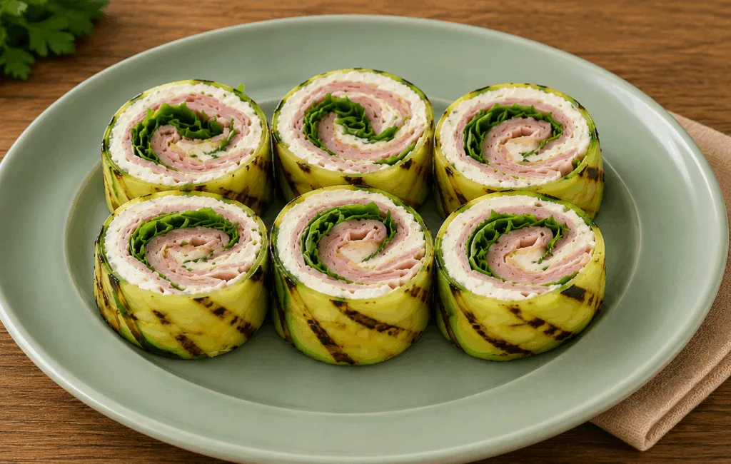 Ho grigliato le zucchine, le ho sovrapposte e farcite: è venuto un rotolo freddo buono con poche calorie ma con tante proteine!