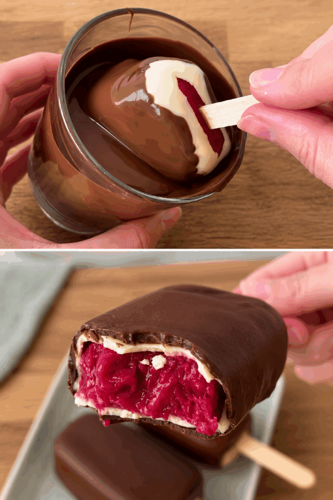 Ho frullato i lamponi, li ho congelati negli stampi e poi li ho tuffati in due cioccolati diversi: un risultato bellissimo e davvero buoni!