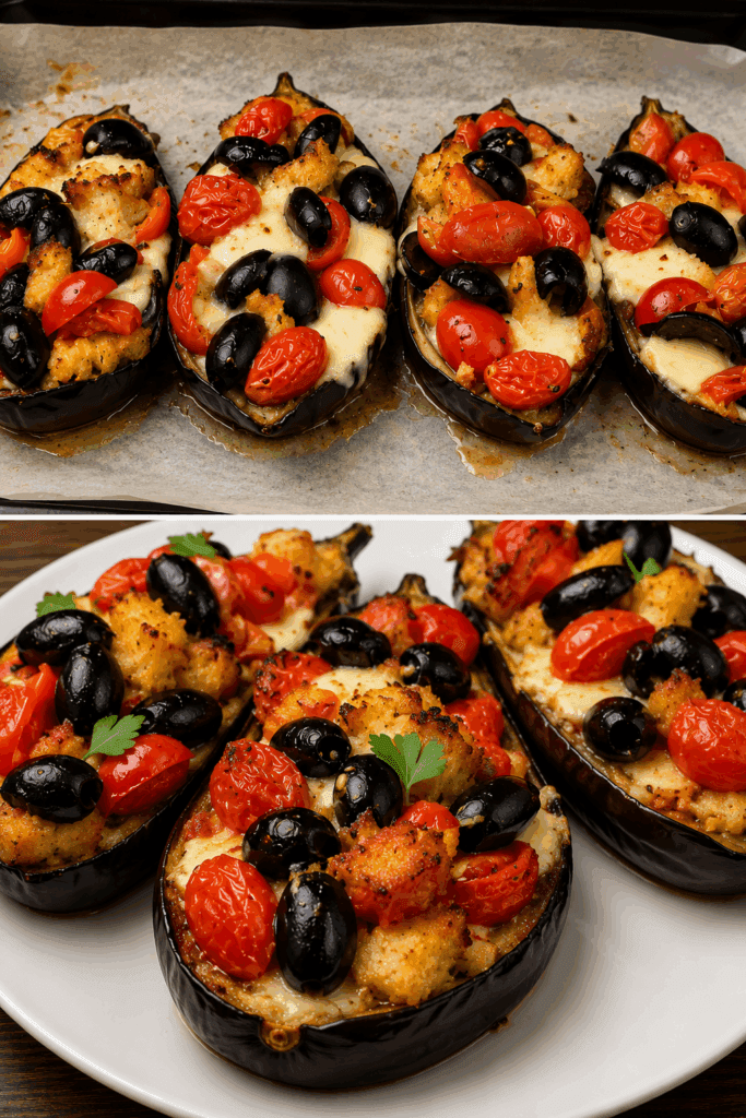 Ho inciso le melanzane, le ho cotte al forno e poi riempite con pomodorini, olive e mozzarella: risultato buonissimo con solo 170 Kcal!