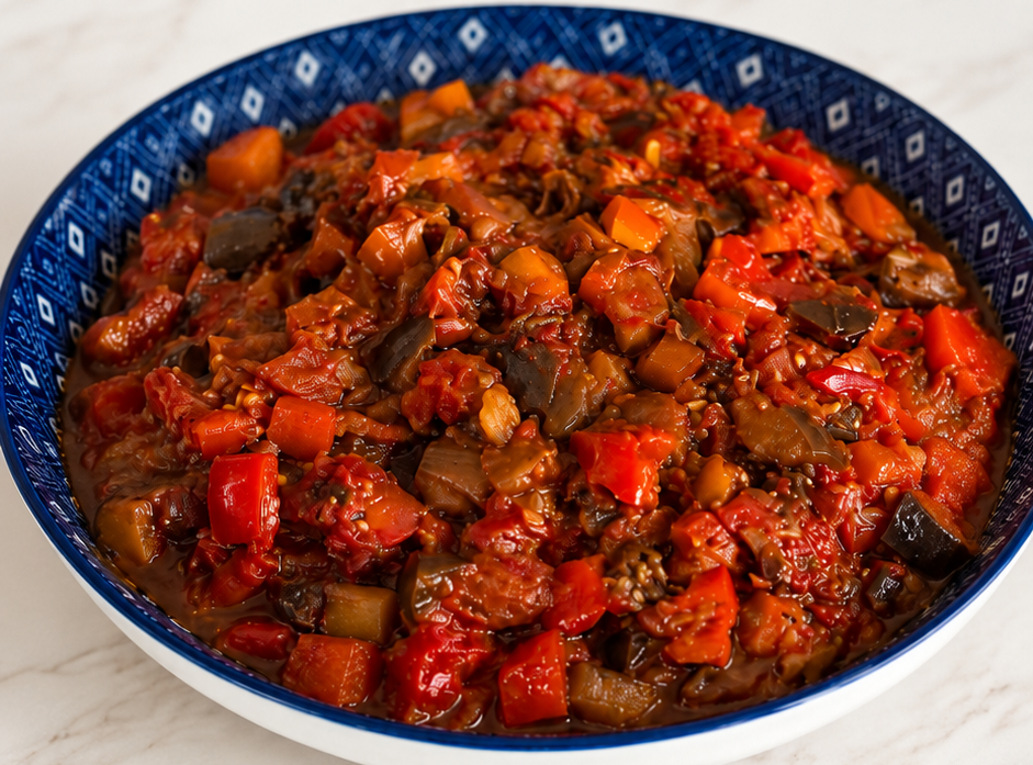 Melanzane, peperoni, carote e pomodori in padella