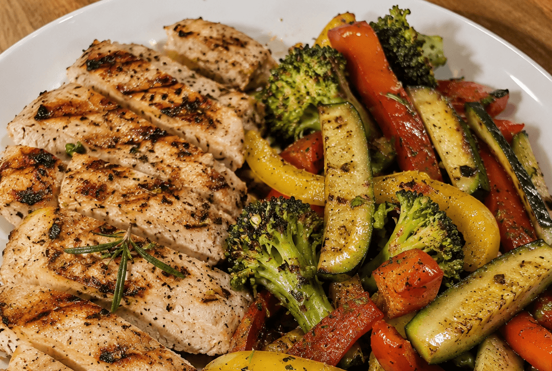 Pollo alla griglia con verdure saltate