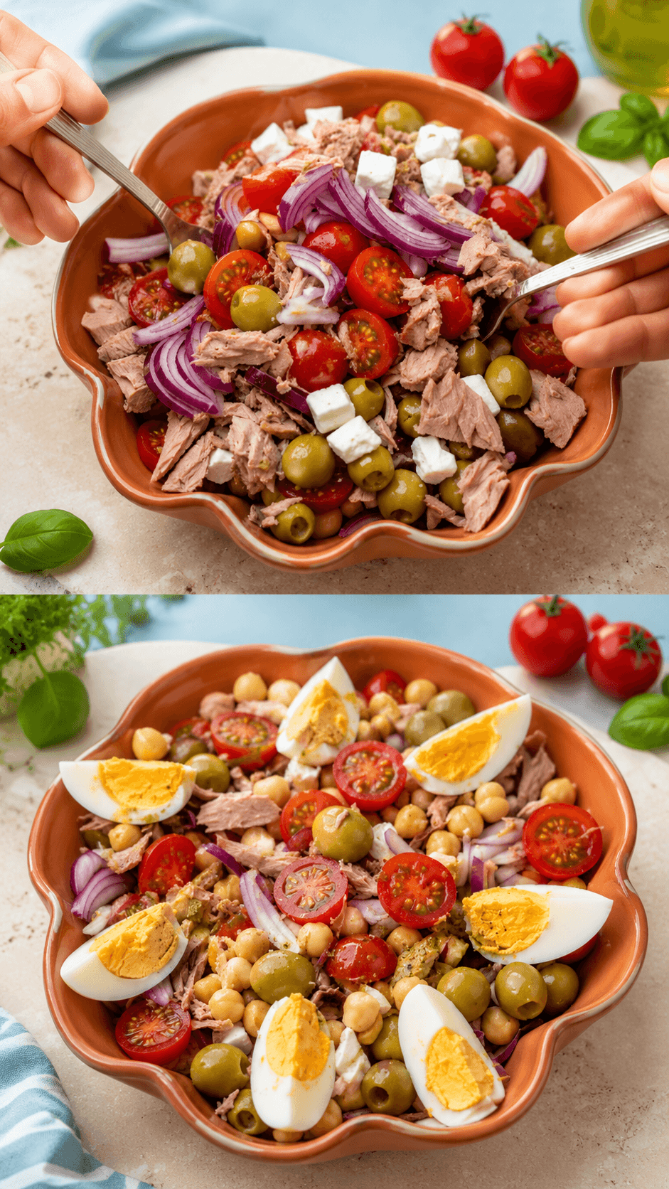 Insalata di ceci con tonno, feta, uova e pomodorini