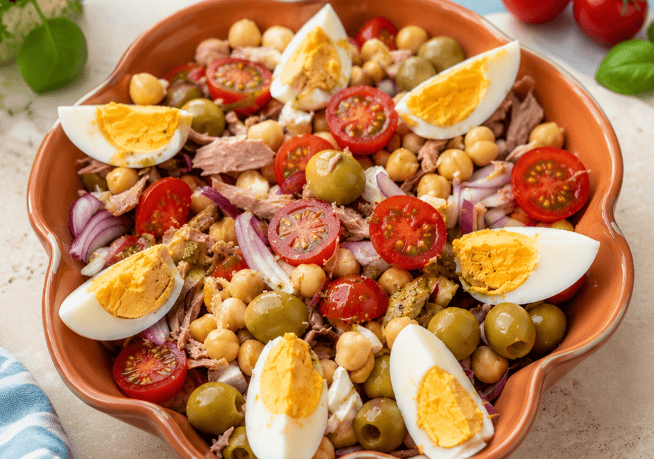 Insalata di ceci con tonno, feta, uova e pomodorini