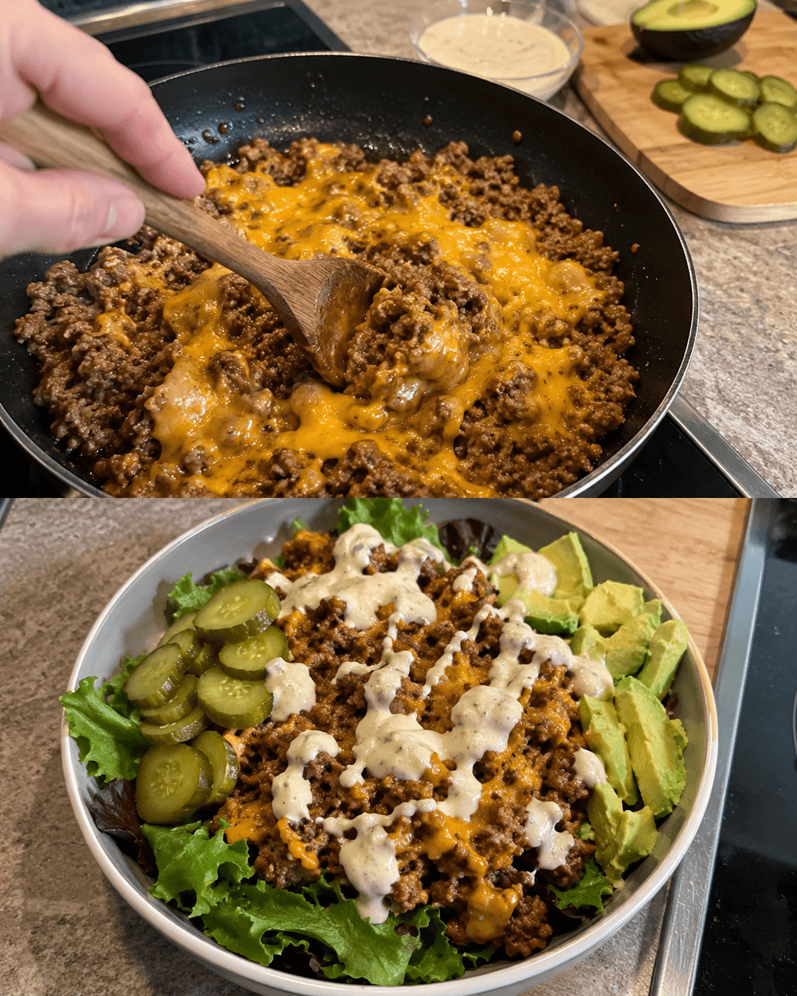 Burger bowl keto con hamburger, cheddar e avocado