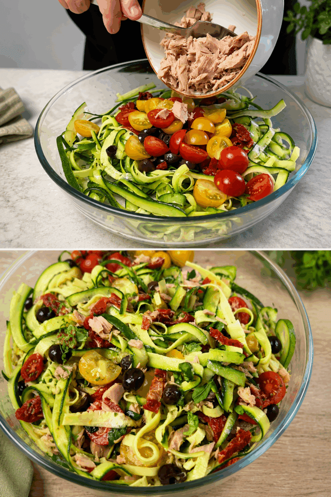 L’insalatona di zucchine marinate con tonno, pomodorini e olive: ideale per restare sazi senza appesantirsi in questi giorni!