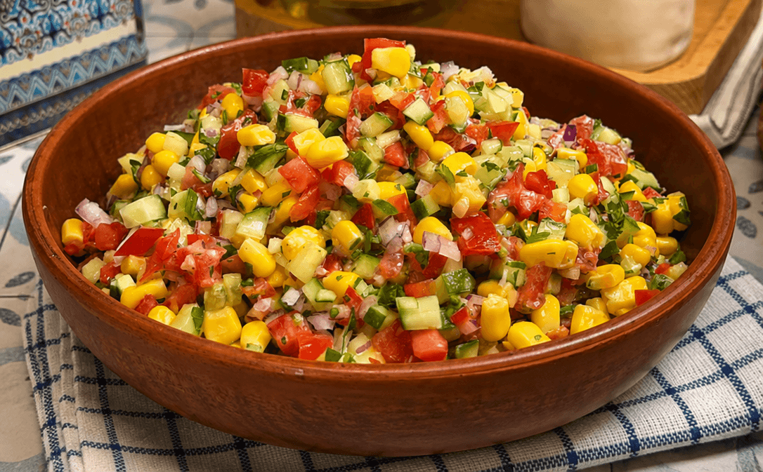Insalata di mais, cetrioli, peperoni e pomodori