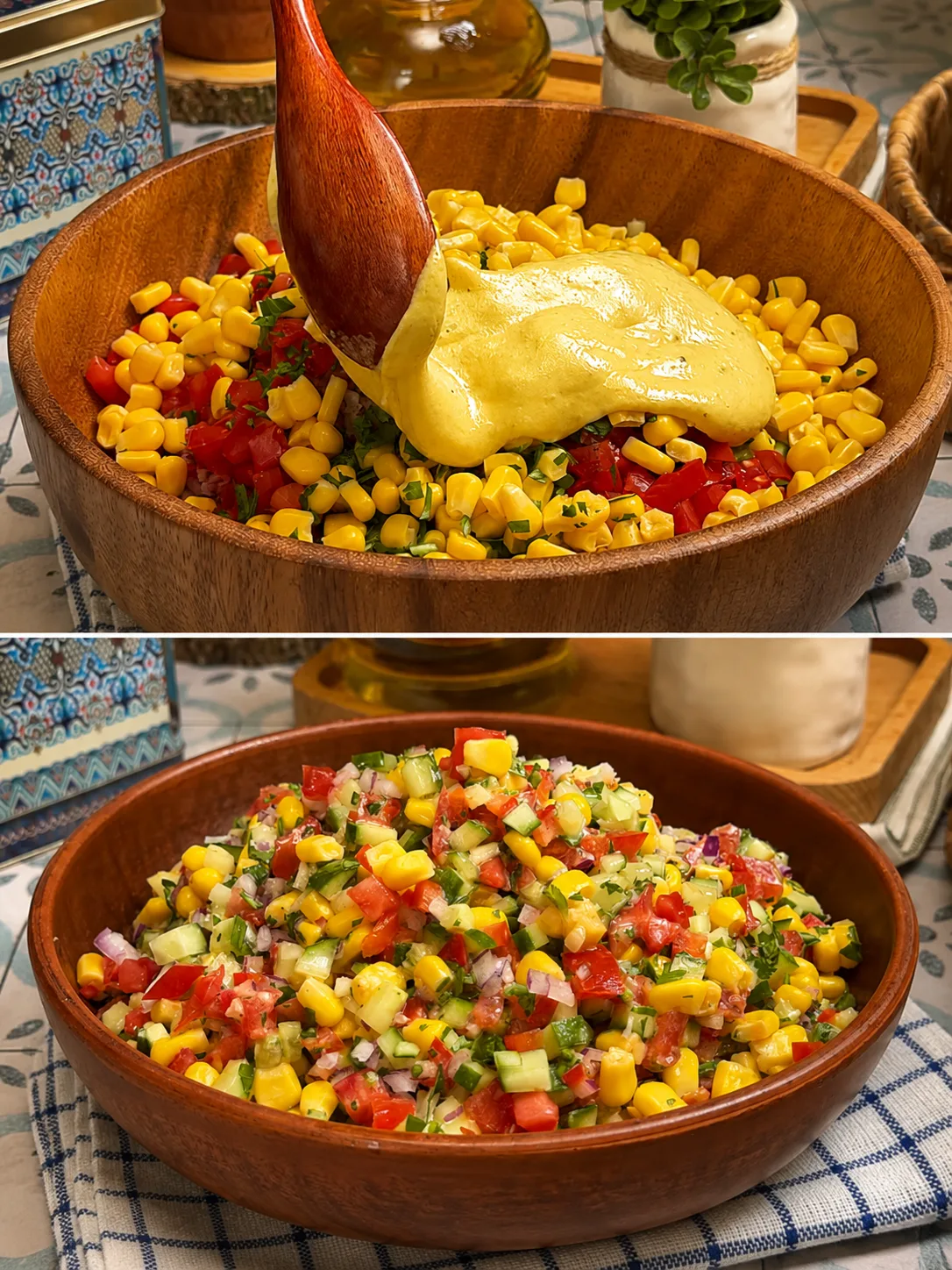 Insalata di mais, cetrioli, peperoni e pomodori