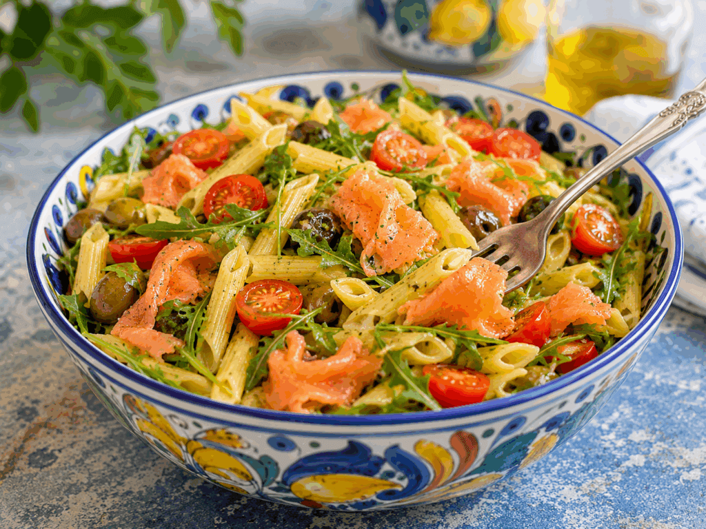 Questa la preparo la sera prima e il giorno dopo è ancora più buona, mi salva il pranzo: pasta fredda al salmone con rucola, limone e olive taggiasche