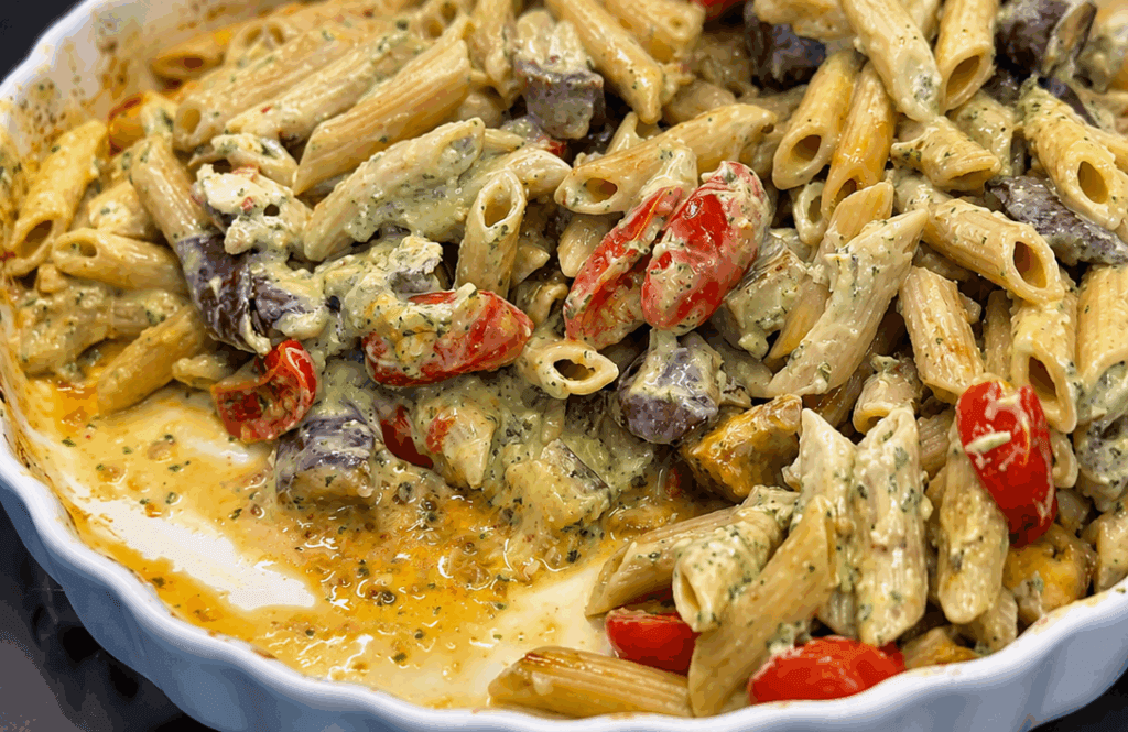 Per questa pasta non friggo le melanzane e non uso panna, ma il trucco è tutto nel pesto di ricotta: viene cremosa, estiva e molto più leggera di quanto sembra con circa 400 kcal
