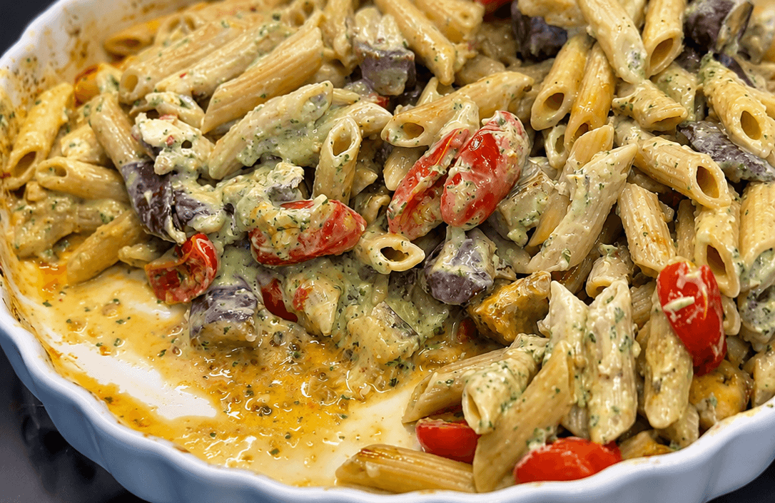Pasta con melanzane, pomodorini e ricotta