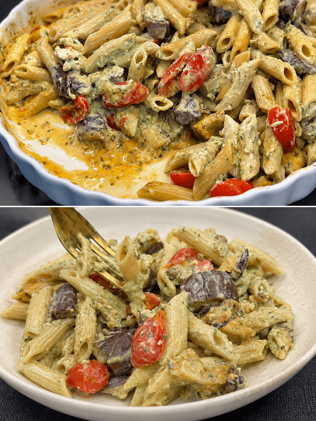 Pasta con melanzane, pomodorini e ricotta