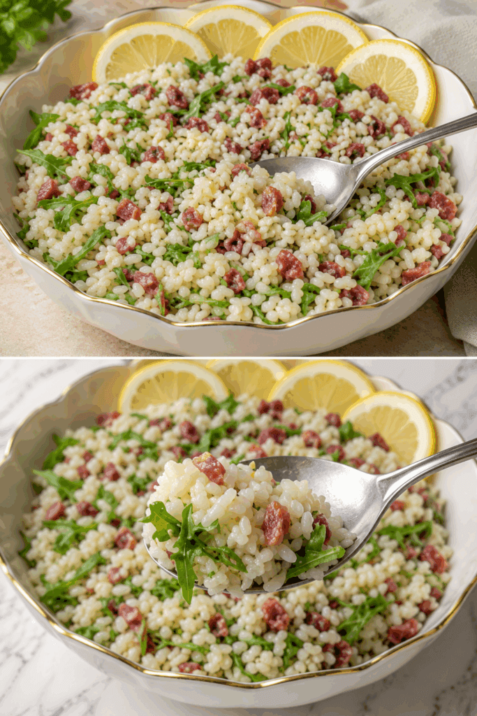 La mia insalata di riso fredda diversa dal solito: niente condimenti pesanti, solo limone, rucola e bresaola, così resta leggera ma saziante