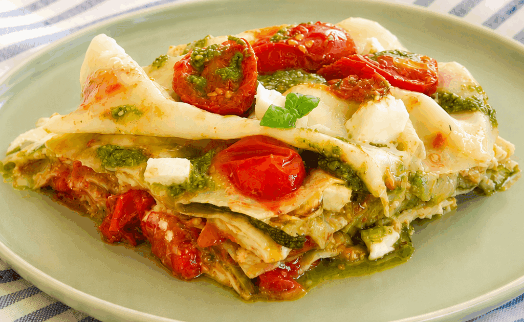 Questa lasagna fredda non va in forno ed è perfetta per l’estate: zucchine grigliate, pomodorini, mozzarella e pesto. La preparo prima, la metto in frigo e la servo bella fresca!