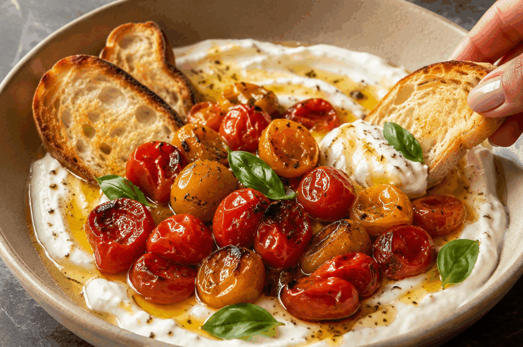Ho messo i pomodorini in friggitrice ad aria e li ho serviti su una crema di feta: risultato cremoso, profumato e da scarpetta immediata