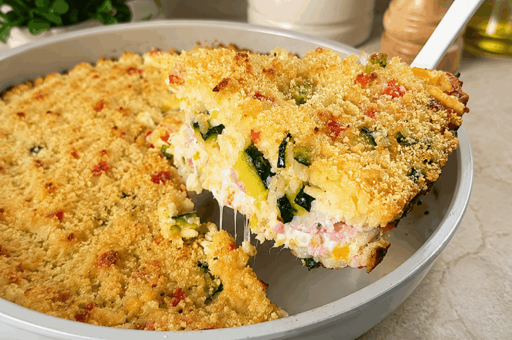Con riso e verdure preparo questo tortino filante al forno: dentro è morbido e fuori ha una gratinatura dorata che fa venire fame subito