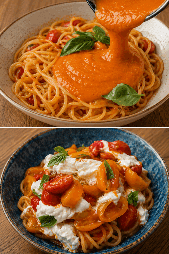 La pasta più buona dell’estate? Per me questa: spaghettoni ai 3 pomodori, basilico e stracciatella. Il risultato è una pasta cremosa da paura che fa venire fame solo a guardarla!