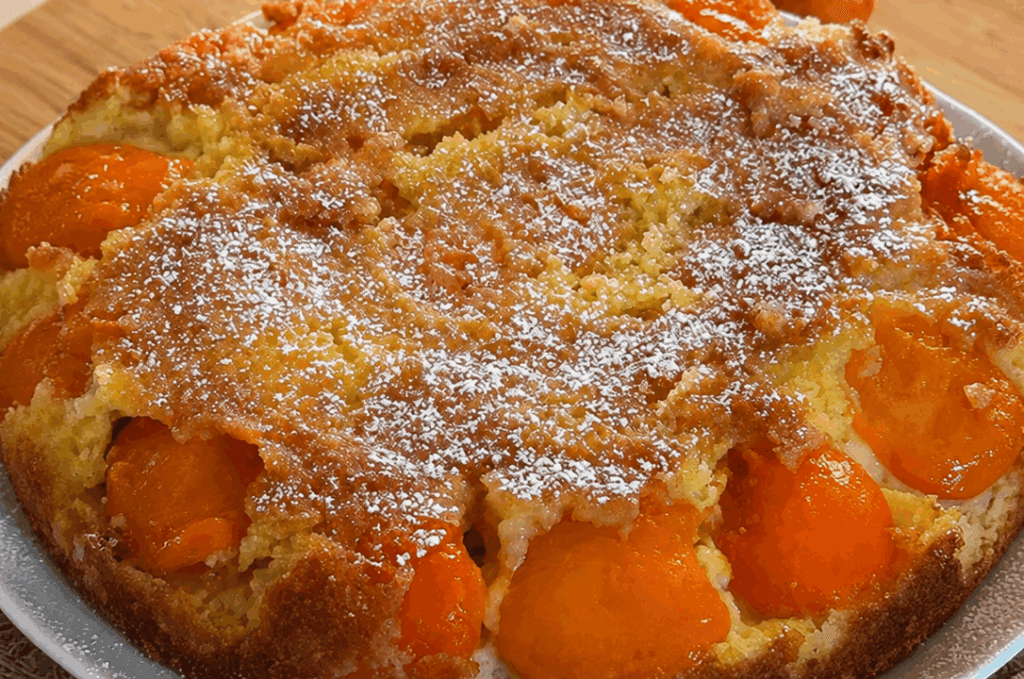 Ho messo le albicocche sul fondo, versato l’impasto sopra e il risultato è una torta alta, morbida che sembra uscita dalla pasticceria