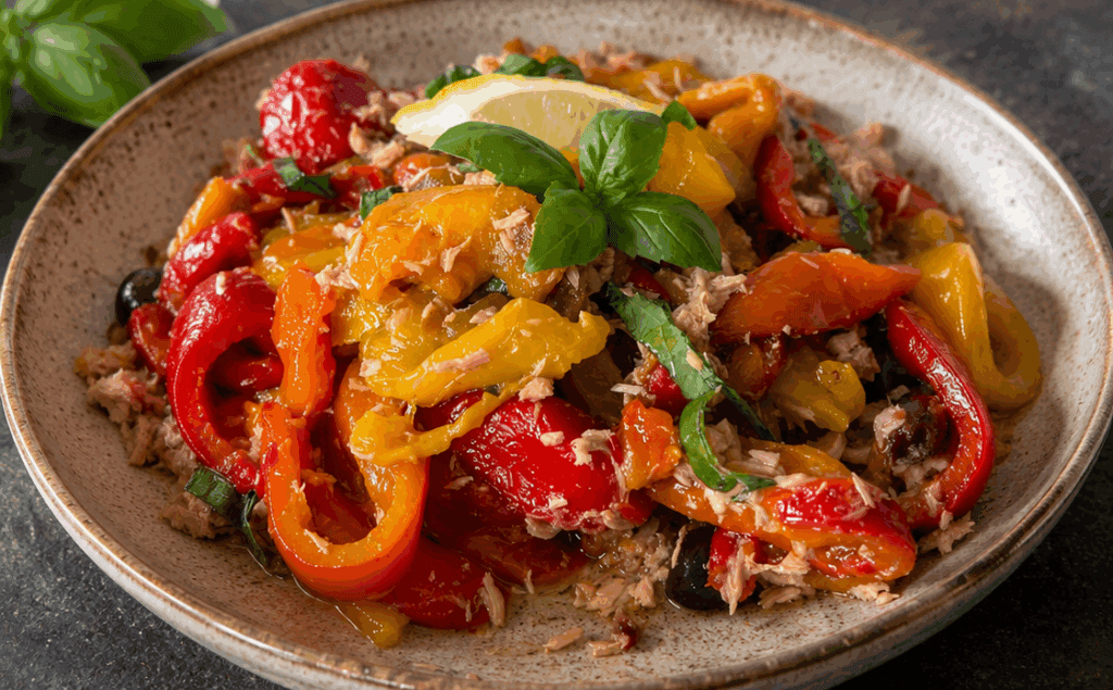 I peperoni li digerisco solo cucinati così: diventano morbidi, dolci e ci faccio una bella insalata con tonno, olive e limone (la preparo in anticipo e la tengo pronta in frigo)