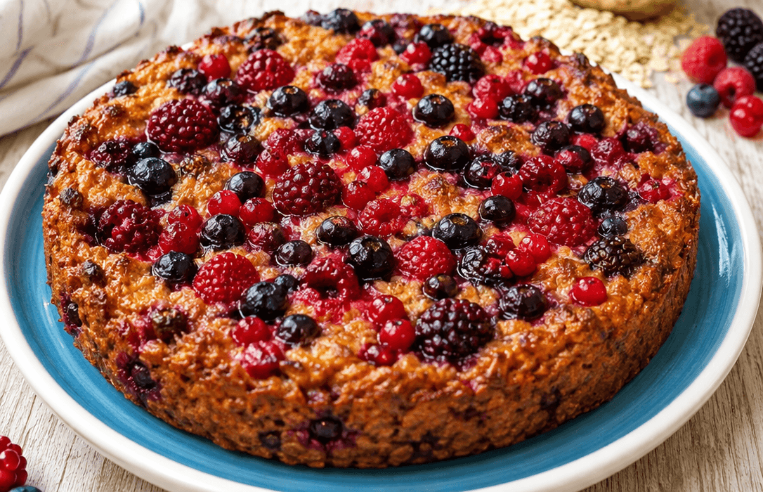 Torta fiocchi d’avena, banane e frutti di bosco