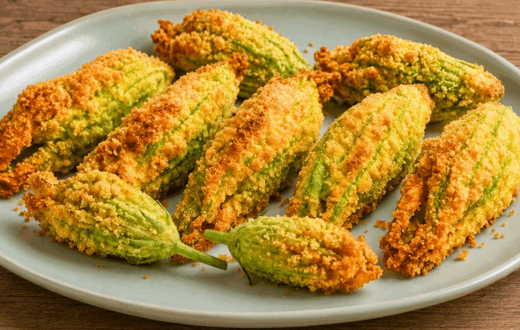 Non li friggo, ma questi fiori di zucca vengono croccanti lo stesso: pangrattato, parmigiano e 15 minuti in forno