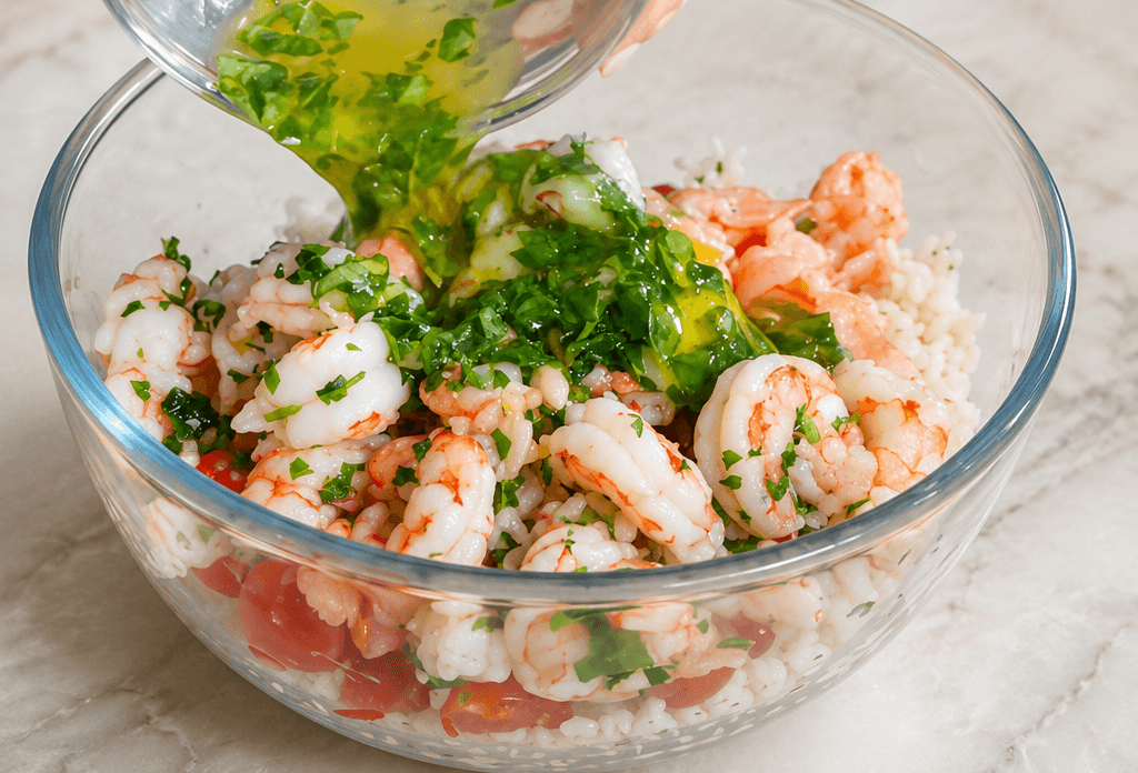 Insalata di riso con salmone, gamberetti e rucola