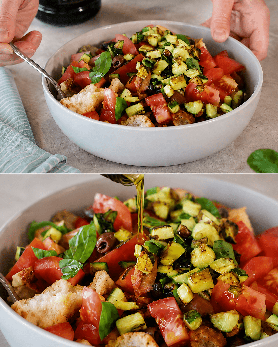 Insalata di friselle con zucchine, pomodori, acciughe e olive