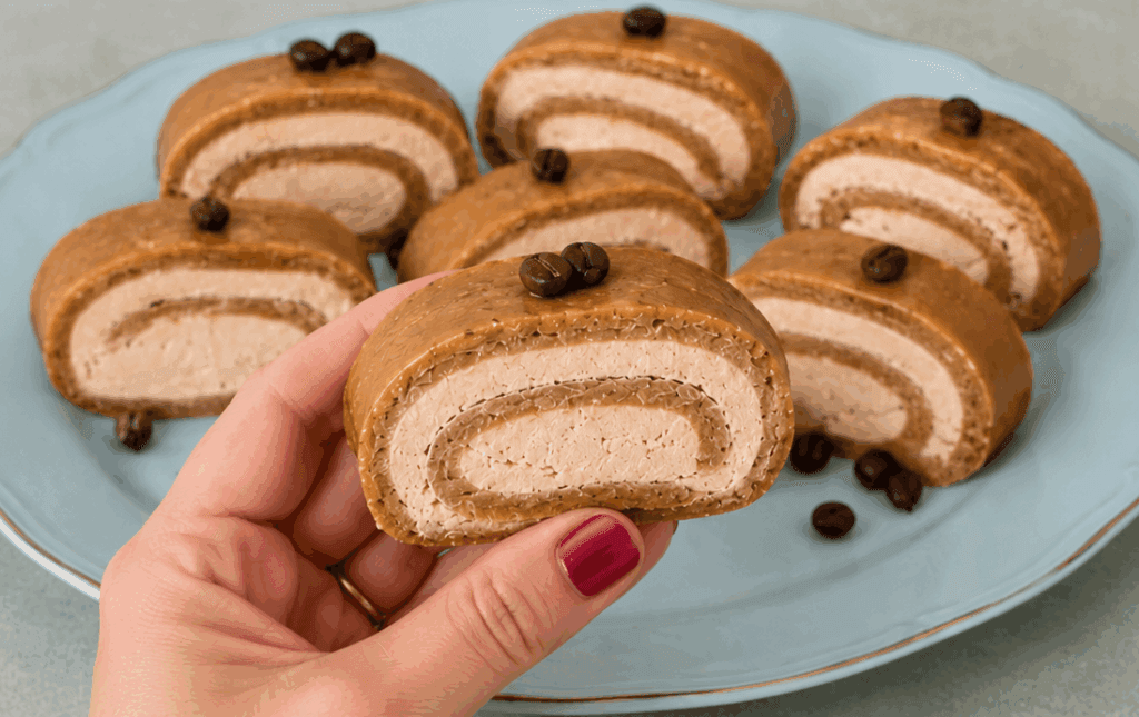 Niente panna, niente mascarpone e molto meno burro: questo rotolo al caffè e amaretti resta cremoso e buonissimo lo stesso