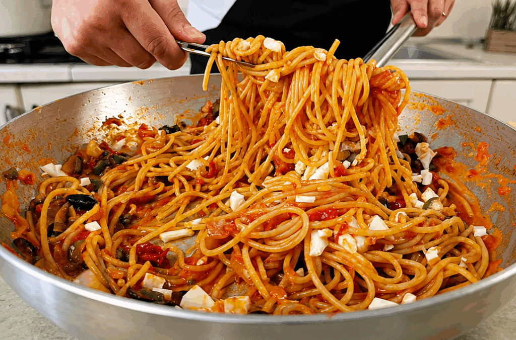 Pasta alla cuccagna, mio marito ne va matto: spaghetti saporiti con pomodoro, olive, capperi e provola filante pronti in circa 30 minuti