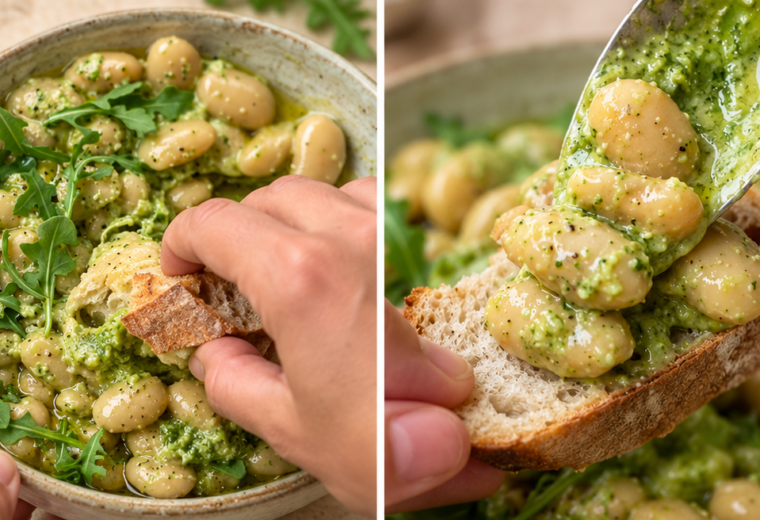 Fagioli bianchi con pesto di rucola e pinoli