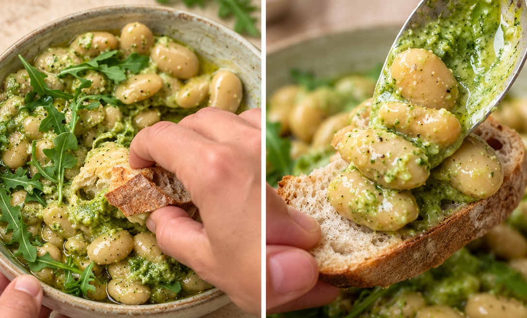 Fagioli bianchi con pesto di rucola e pinoli