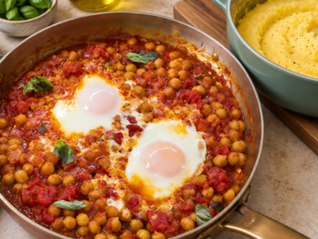 Polenta con ceci al pomodoro e uova