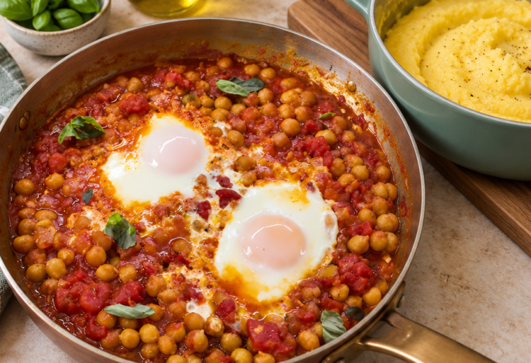 Polenta con ceci al pomodoro e uova