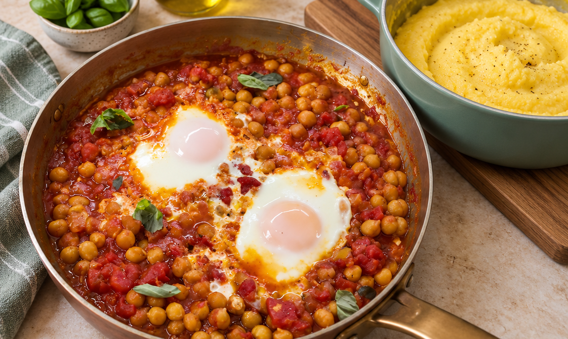 Polenta con ceci al pomodoro e uova