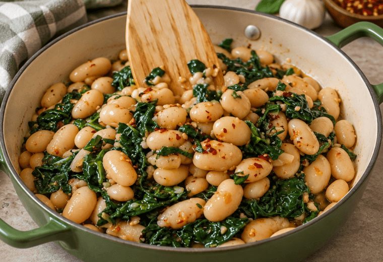 Fagioli cannellini e spinaci in padella