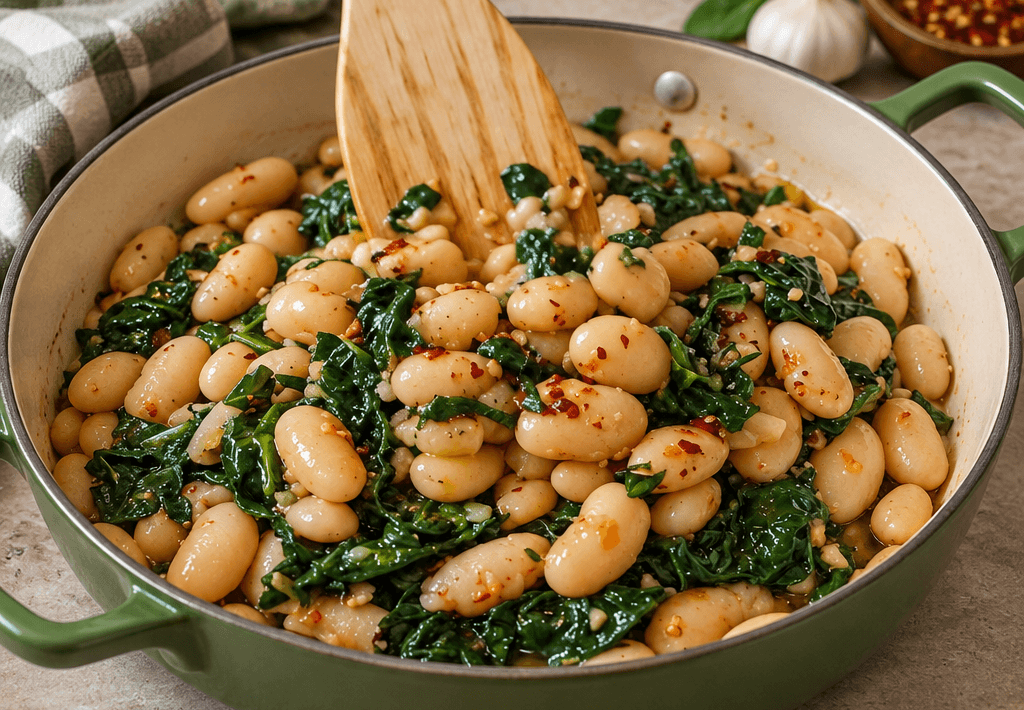 Fagioli cannellini e spinaci in padella